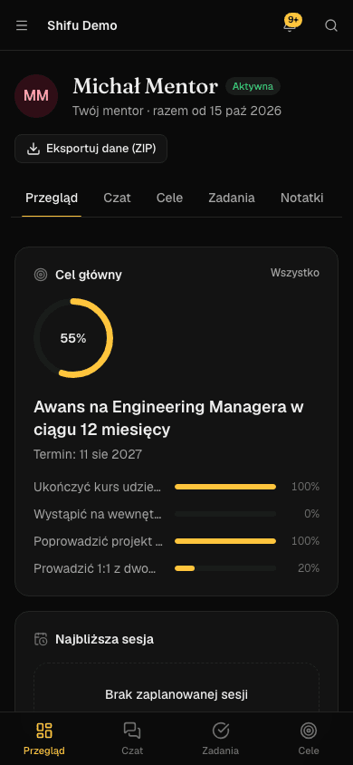Przegląd relacji na telefonie w ciemnym motywie: cel główny z postępem 55%, cele pośrednie i dolna nawigacja.