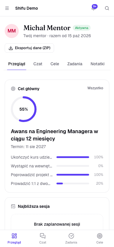Przegląd relacji na telefonie: cel główny z postępem 55%, cele pośrednie i dolna nawigacja.
